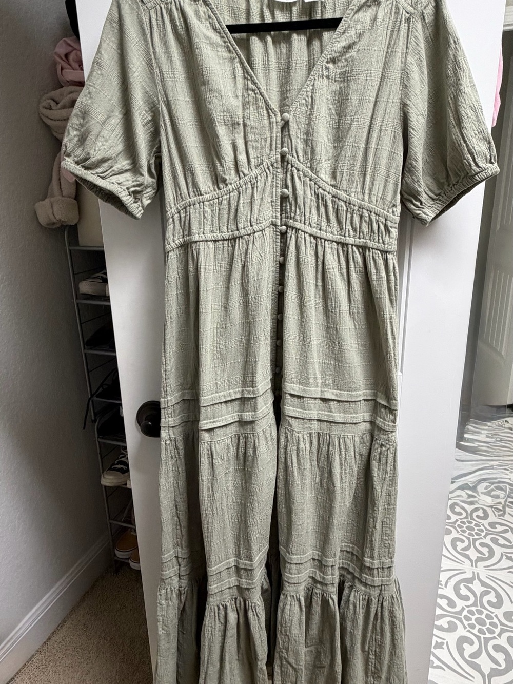 Lucky Brand Sage Green Button-Front Tiered Maxi Dress